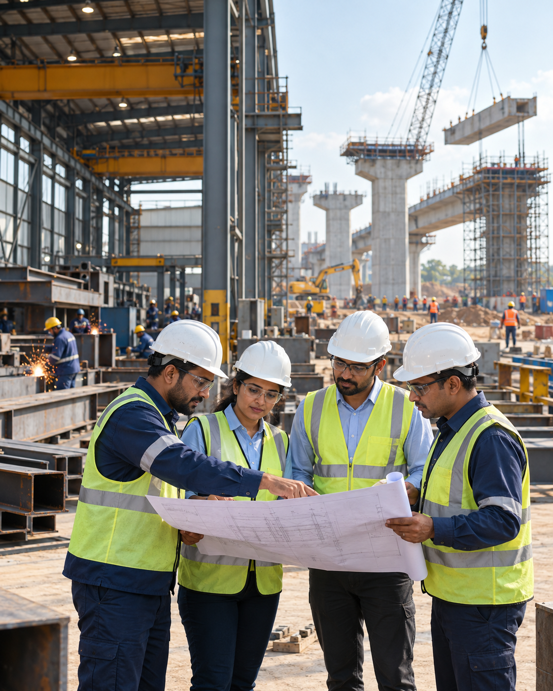 Engineering and construction team reviewing project drawings
